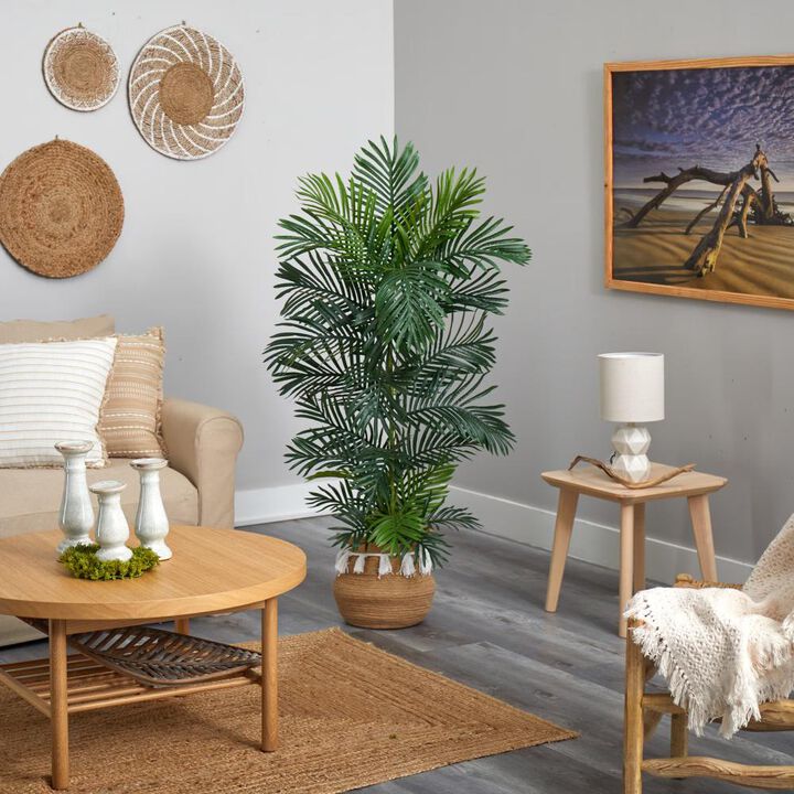 Hivvago 5 Feet Areca Artificial Palm Tree in Boho Chic Handmade Natural Cotton Woven Planter with Tassels UV Resistant (Indoor/Outdoor)