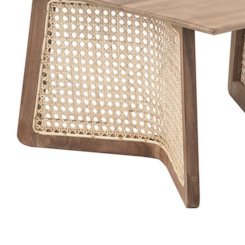 28 Inch Coffee Table, Square Top, Rattan Cane Base, Teak Wood, Brown  - Benzara