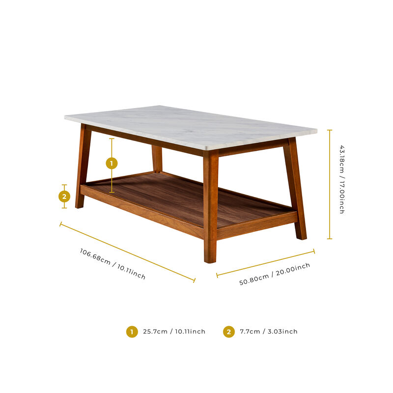 Teamson Home Kingston Wooden Coffee Table with Storage and Marble-Look Top, Faux Marble/Walnut