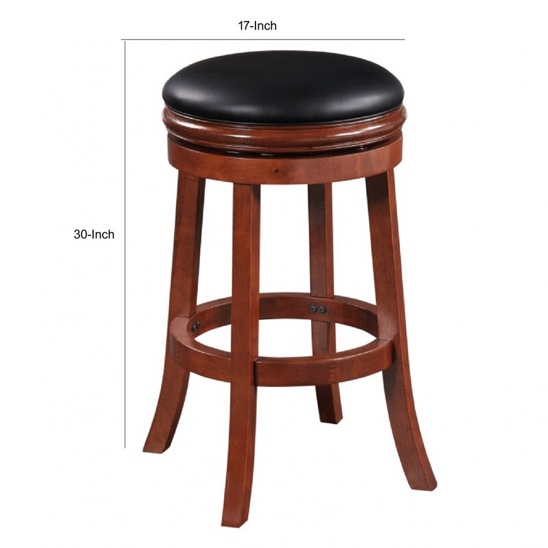 Sabi 30 inch Swivel Counter Stool, Solid Wood, Faux Leather, Brown, Black-Benzara
