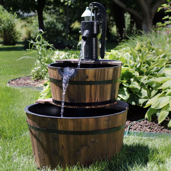 Sunnydaze Rustic 2-Tier Wood Barrel Water Fountain with Hand Pump - 34 in