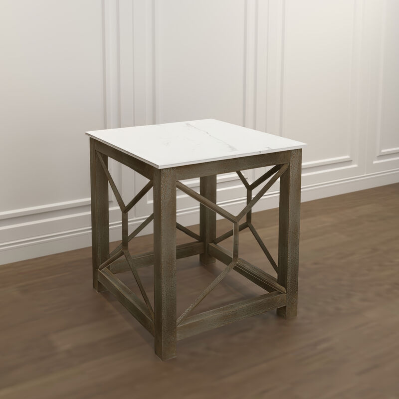 Agas Side End Table, 22 Inch Square White Genuine Marble Top, Sandblasted Washed Ash Gray Mango Wood Geometric Frame