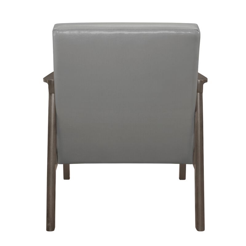 Aly 31 Inch Accent Chair Armchair, Gray Faux Leather, Brown Solid Wood - Benzara