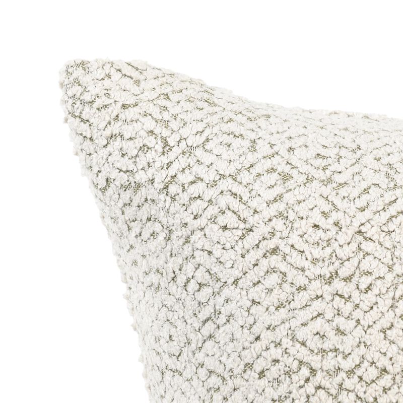 Rias Throw Pillow, Square 22 Inch Woven Design, Ivory Cotton Linen - Benzara