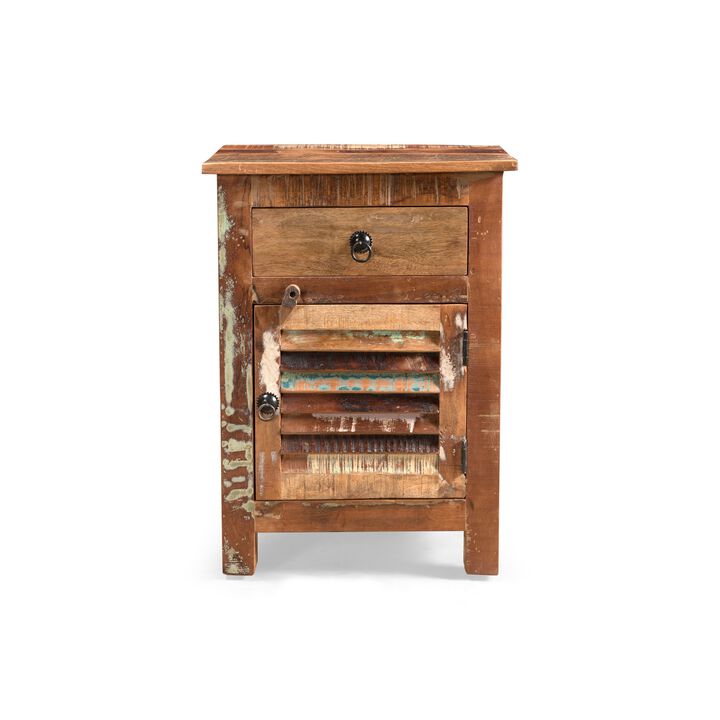 Side End Table, Storage, 25 Inch Black Metal, Natural Distressed Wood - Benzara