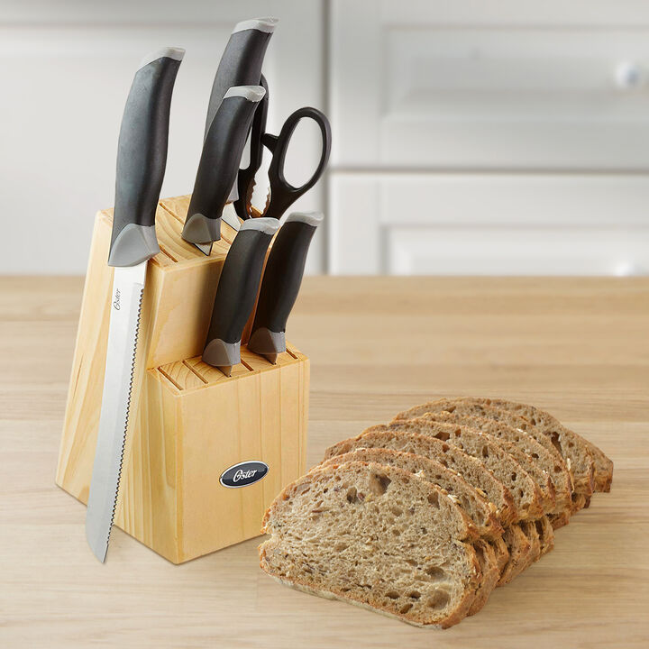Oster Lingbergh 14 Piece Stainless Steel Cutlery Knife Set with Pine Wood Block