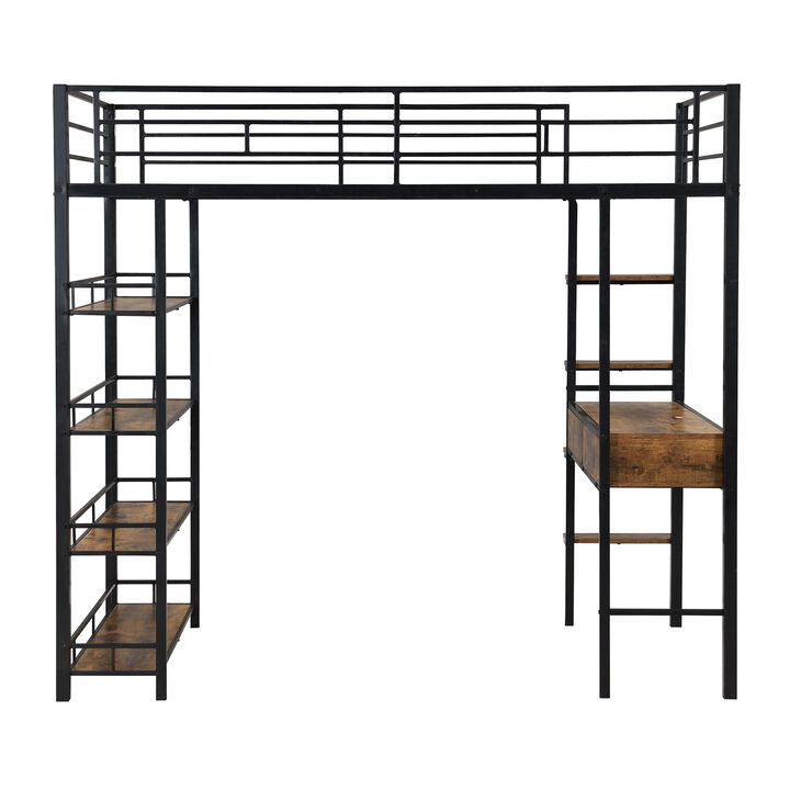 Merax Metal Loft Bed with Desk and Shelves