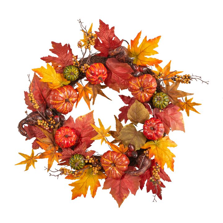 Hivvago 24" Autumn Pumpkin and Berries Artificial Fall Wreath
