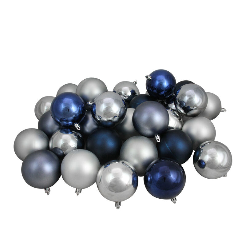 32ct Silver and Blue Shatterproof 2-Finish Christmas Ball Ornaments 3.25" (80mm)
