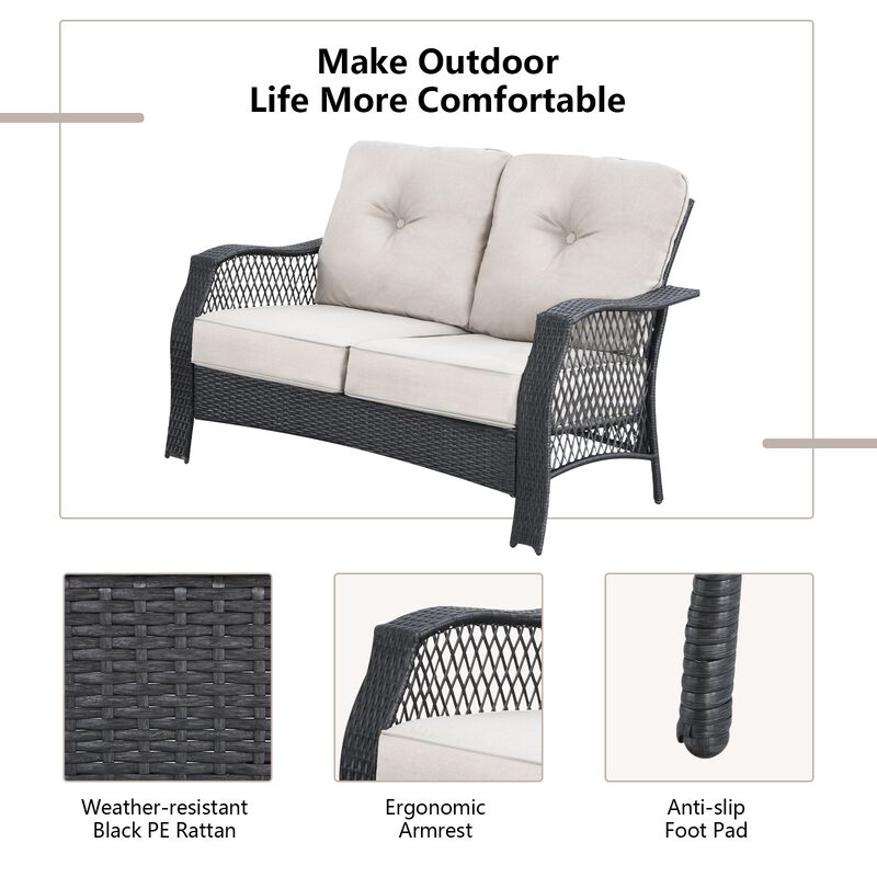 4 Pieces Patio Wicker Furniture Conversation Sets with Coffee Table and Cushions