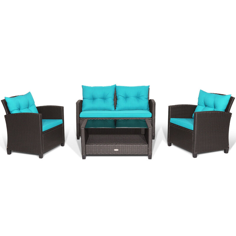 4 Pieces Outdoor Rattan Armrest Furniture Set Table with Lower Shelf