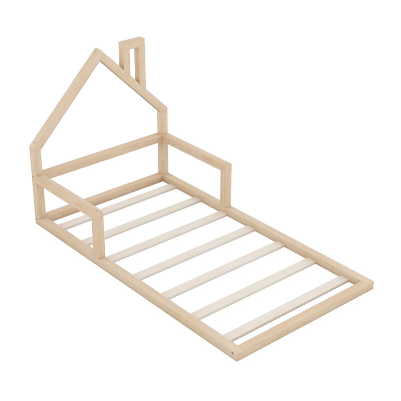 Merax Wood Floor Bed with House-shaped Headboard