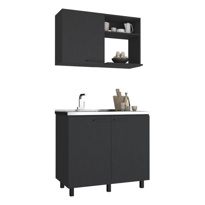 Alexandria 2 Piece Kitchen Set, Wall Cabinet + Utility Sink, Black