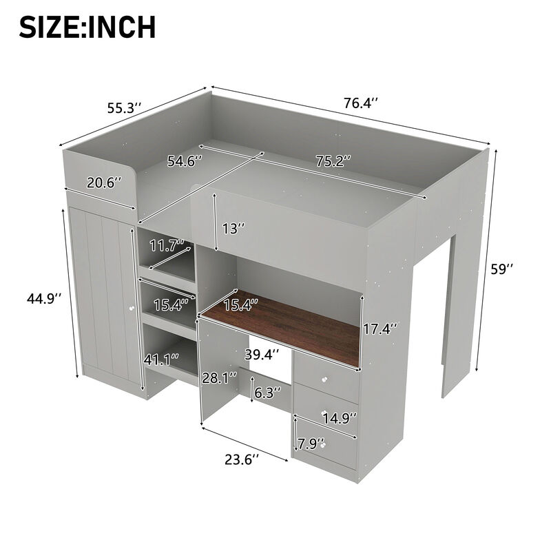 Merax Loft Bed with Wardrobe and Desk