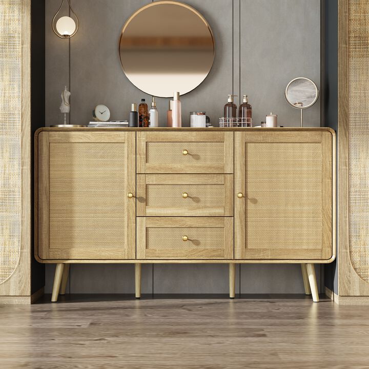 FUFU&GAGA Modern Rattan Dresser with Gold Handles & Legs, 3 Drawers & 2 Cabinets, Natural Wood Finish (55.1" W x 13.8" D x 32.1" H),White