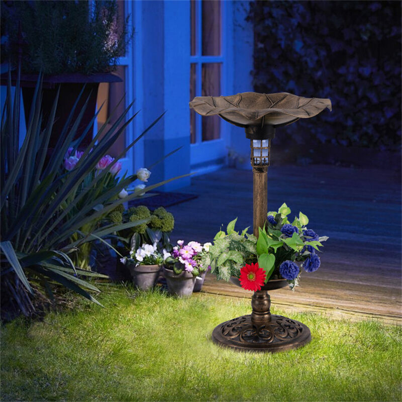 Outdoor Birdbath with Feeder & Solar Lamp, Freestanding Garden Decoration