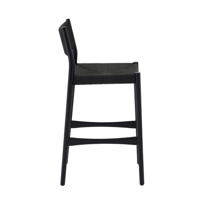Rie Barstool Chair, Danish Inspired Panel Backrest, Black Woven Paper Cord - Benzara