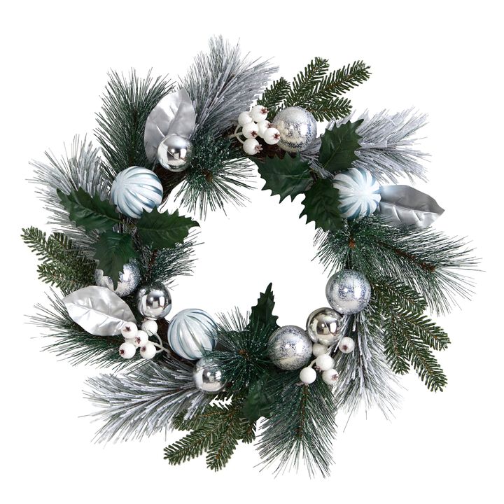 Hivvago 24" Pinecones and Berries Christmas Artificial Wreath with Silver Ornaments