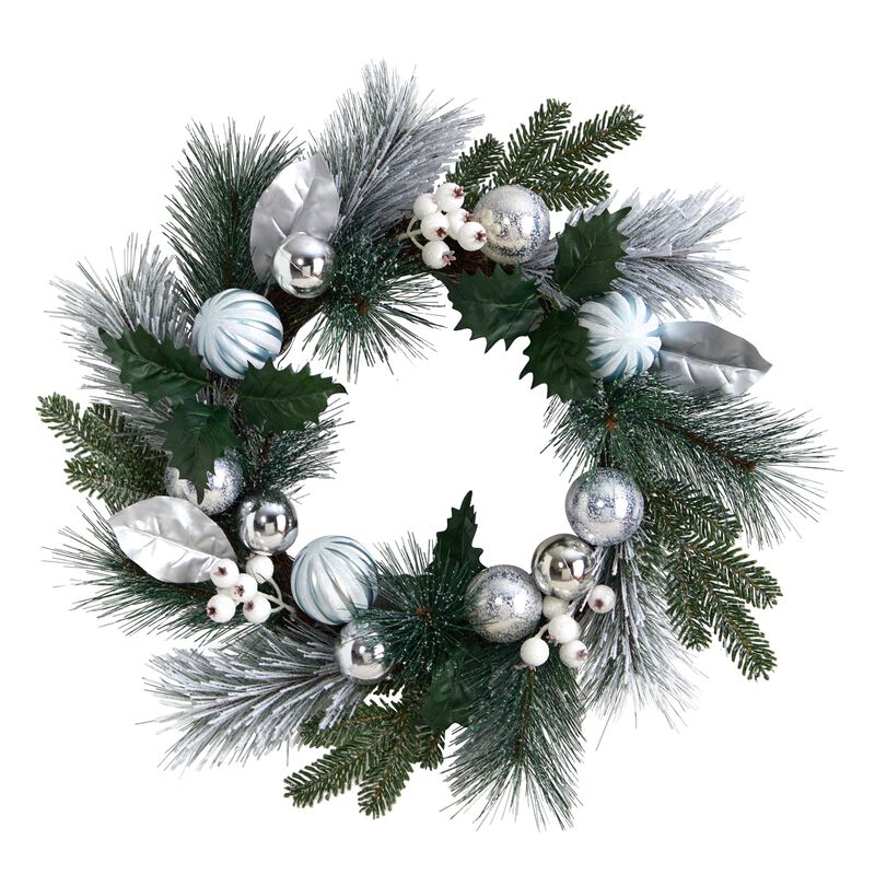 Hivvago 24" Pinecones and Berries Christmas Artificial Wreath with Silver Ornaments