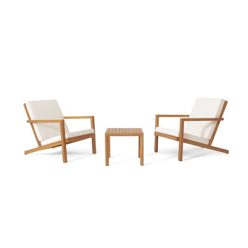 Liah Outdoor Patio Table Set, 2 Chairs, Brown Acacia Wood, Cream Polyester
