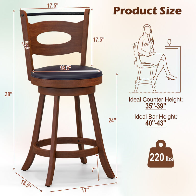 2 Pieces Swivel Bar Stools with Curved Backrest and Seat Cushions