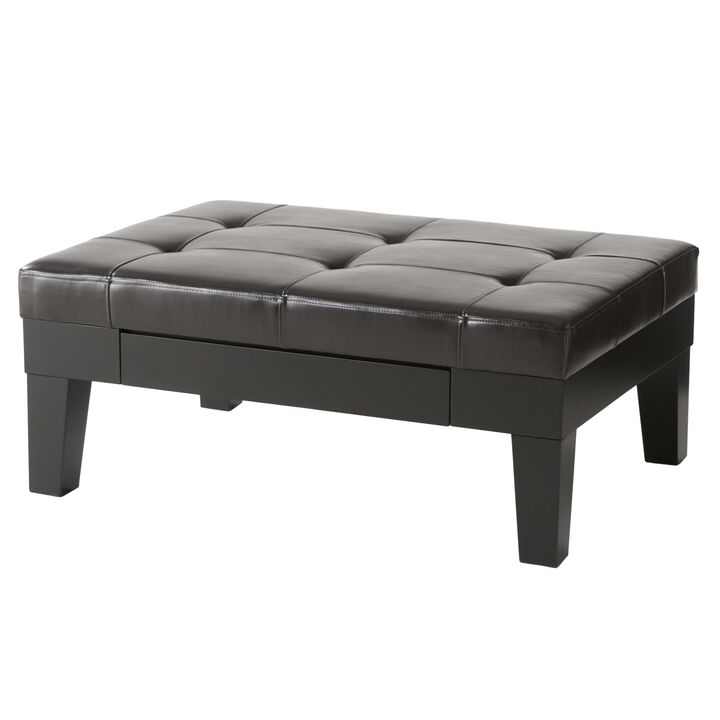 Olivia Ottoman Table, Drawer, Black Faux Leather, Coffee Brown 41 Inch - Benzara