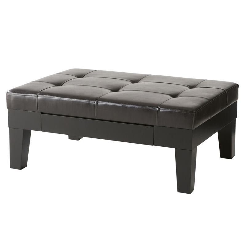 Olivia Ottoman Table, Drawer, Black Faux Leather, Coffee Brown 41 Inch - Benzara