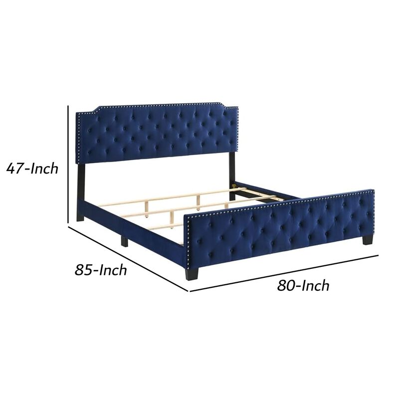 Agapi King Size Bed, Button Tufted, Nailhead Trim, Blue Fabric Upholstery - Benzara