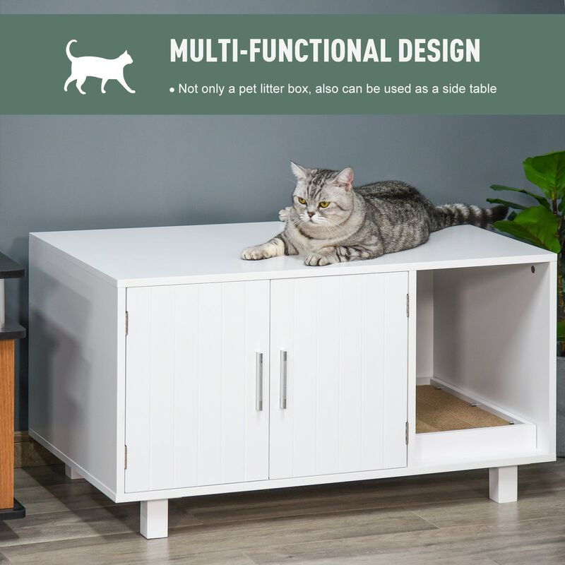 White Kitty Bathroom: Wooden Litter Box End Table with Scratcher