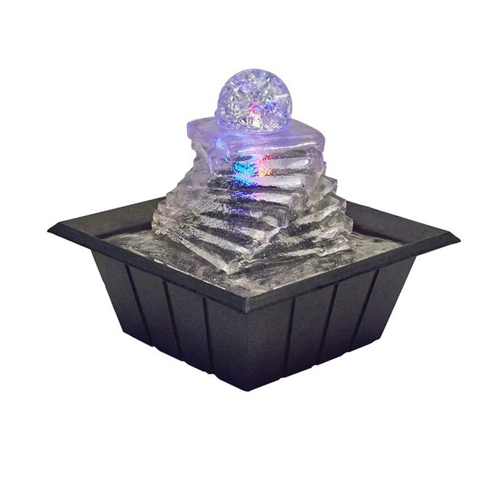 Sumi 8 Inch Spiral Ice Tabletop Water Fountain, Glass Ball Multicolor Black - Benzara