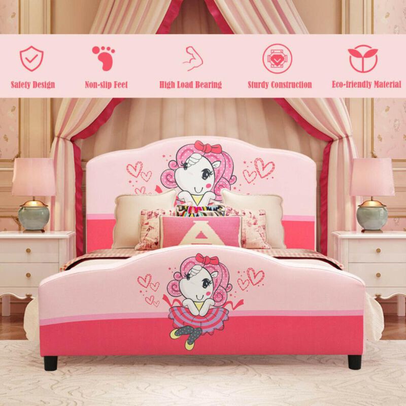 Hivvago Kids Children Upholstered Platform Toddler Girl Pattern Bed