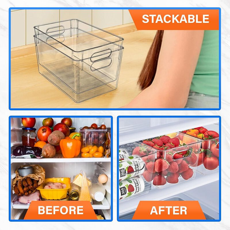 Multi-purpose Refrigerator Bins - 2 pieces Large Capacity Stackable Fridge Bin Organizer with Easy Grip Handles - Clear
