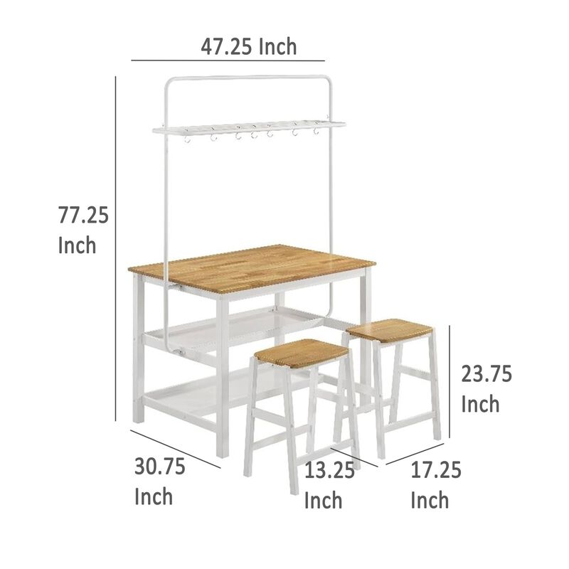 Kiyana 3pc Kitchen Island Counter Table Set, 2 Stools, Brown and White - Benzara