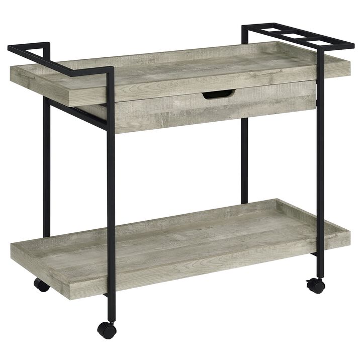 Tra 40 Inch Rolling Bar Cart, 2 Tier with Drawer, Gray Wood, Black Metal - Benzara