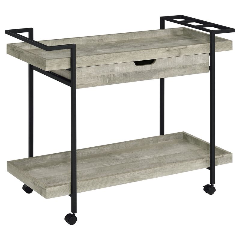 Tra 40 Inch Rolling Bar Cart, 2 Tier with Drawer, Gray Wood, Black Metal - Benzara