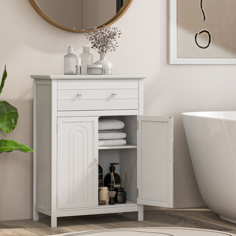 Wooden Bathroom Floor Cabinet with Drawer and Adjustable Shelf