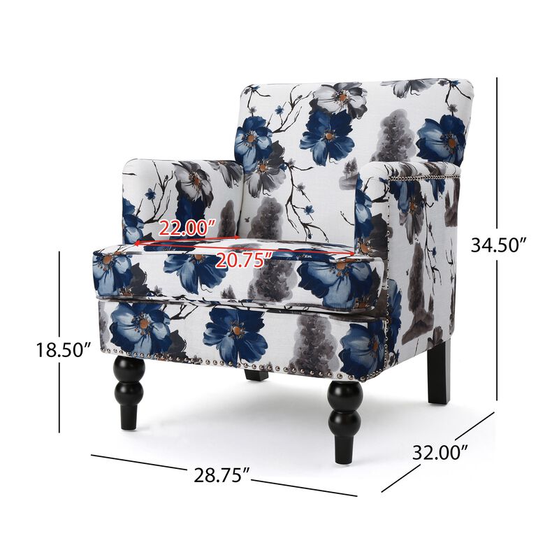 Lit Accent Chair, Button Tufted Floral White Blue Print, Multicolor - Benzara