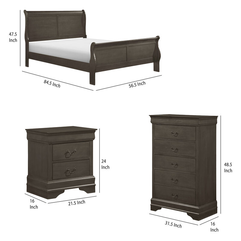Fy Three Piece Full Size Bedroom Set, Modern Brass Metal Handles, Stained Gray - Benzara