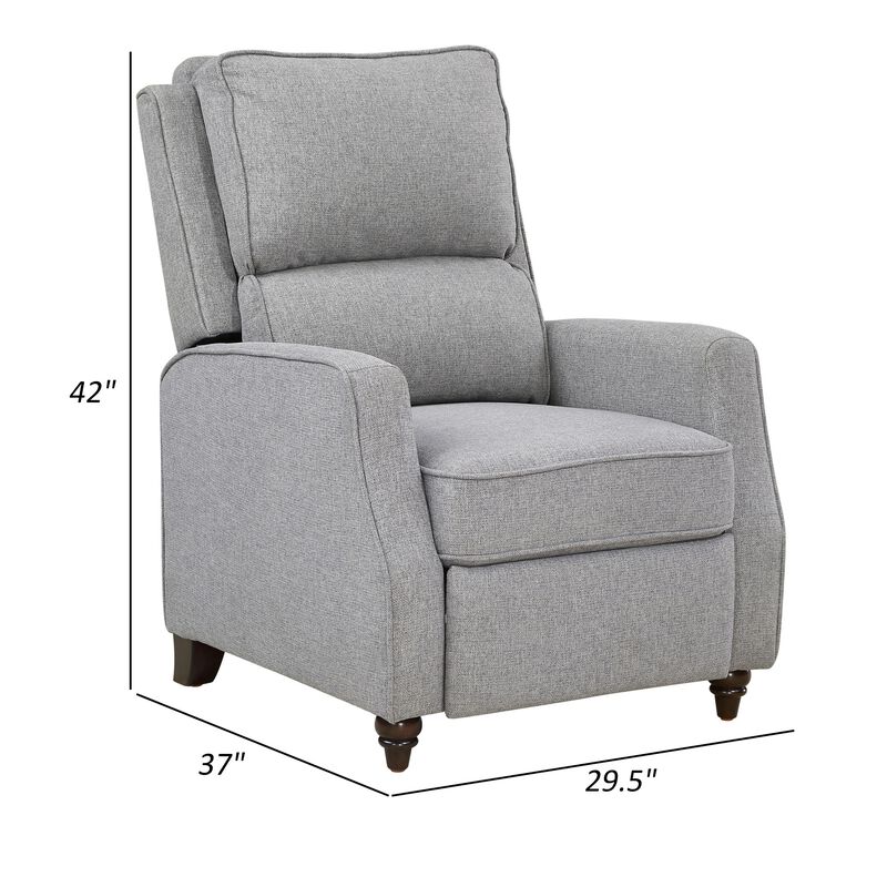 Isac 37 Inch Push Back Recliner Chair, Gray Polyester, Brown Solid Wood  - Benzara