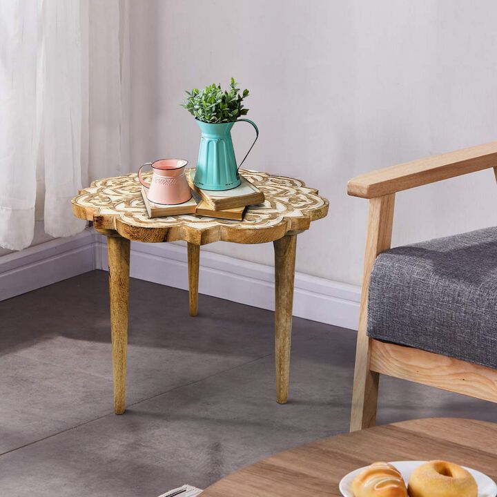 18 Inch Handcrafted Mango Wood Side End Table, Floral Carved Top, Tripod Base, Antique Brown, White-Benzara