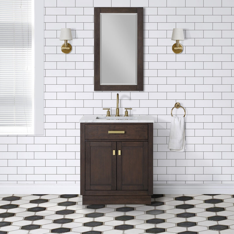 Chestnut 30 In. Single Sink Carrara White Marble Countertop Bath Vanity In Brown Oak with Satin Gold Hardware