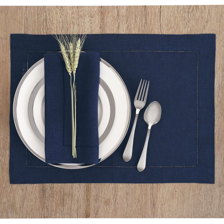 Solino Home 100% Pure Linen Placemats Set of 4 - 14 x 19 Inch | Classic Hemstitch