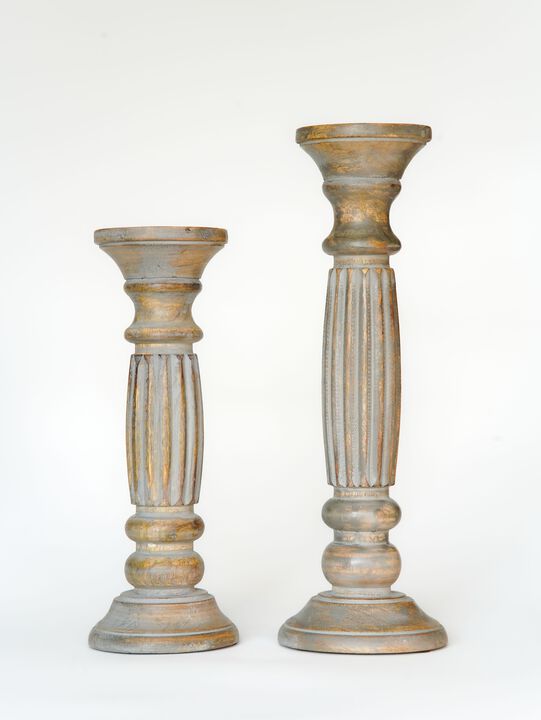Traditional Gray Wash Eco-friendly Handmade Mango Wood Set Of Two 6" & 9" Pillar Candle Holder