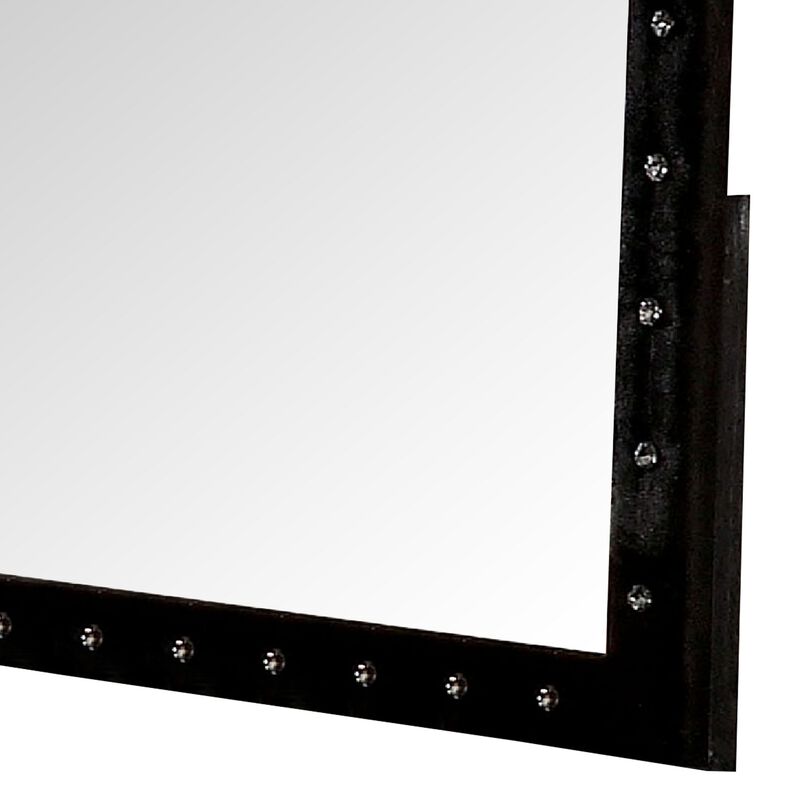 44 Inch Wall Mirror, Velvet Wrapping, Button Tufting, Black-Benzara