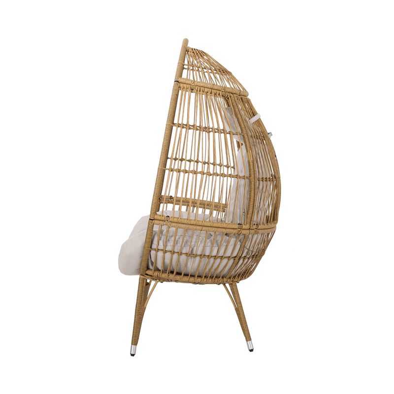 Outdoor Accent Chair, Teardrop Cocoon w Beige Pillow, Brown PE Rattan -Benzara
