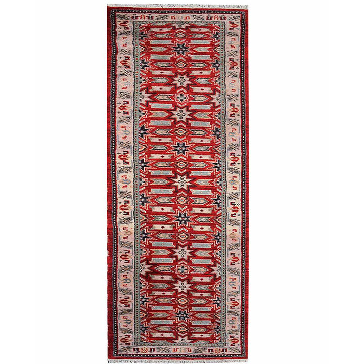 Rugsotic Carpets Hand Knotted Afghan Wool And Silk 2'6''x10' Runner Area Rug Oriental Kazak Red Cream AF0107