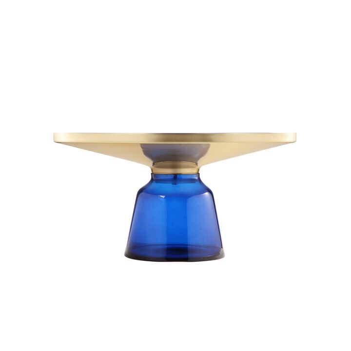 Len 30 Inch Coffee Table, Blue Blown Glass Bell Base, Funnel Top Gold Steel - Benzara Len 30 Inch Coffee Table, Blue Blown Glass Bell Base, Funnel Top Gold Steel - Benzara