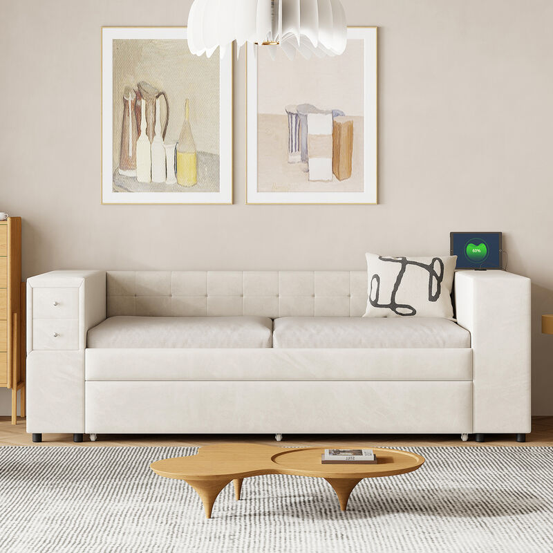 Merax Upholstered Bed with Trundle and USB Charging Ports