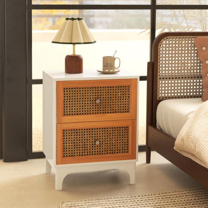 Hivvago Boho Accent Table Nightstand with 2 Handwoven Rattan Decorated Drawers-White