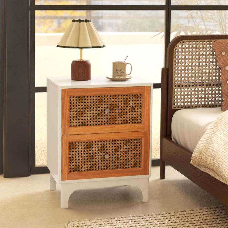 Hivvago Boho Accent Table Nightstand with 2 Handwoven Rattan Decorated Drawers-White